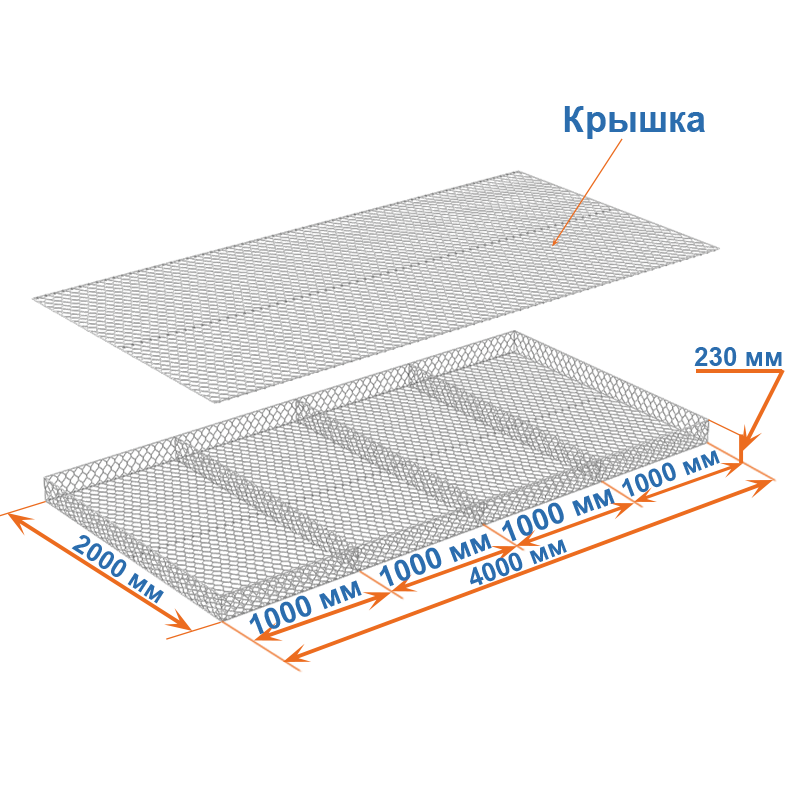 Габион матрац ГСИ-М 4х2х0,23 оцинкованный, Ø проволоки 2,7 мм, размер ячейки 8х10 см фото